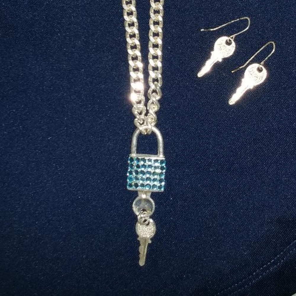 Blue Rhinestone Silver Locket W/ Earrings